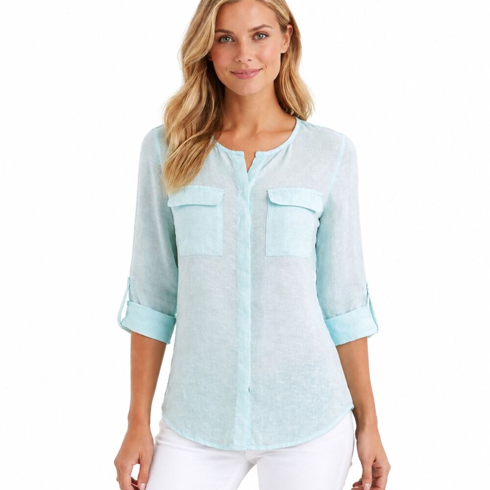 Talbots Blue Linen Roll Tab Tunic Shirt Size MP Long Sleeve  LIKE NEW